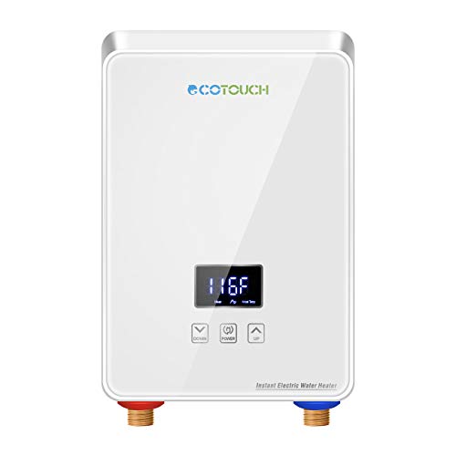 Tankless Water Heater Electric 5.5kw 240V, ECOTOUCH Point-of-Use Hot Water Heater Digital Display,Electric Instant Hot Water Heater with Self-modulating,Overheating Protection,White
