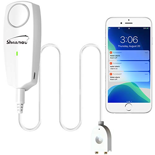 WiFi Water Sensor 100dB Alarm, Smart Water Leak Detector, Tuya APP Free Remote Monitoring of Leaks, 5.9FT Detection Line, Mute & 6 Ringtones Adjustable, Can Open SMS or Phone Notification Function