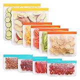 10 Pack Reusable Storage Bags, Colored (2 Resusable Gallon Bags, 4 Reusable Sandwich Bags, 4 Reusable Snack Bags), Ziplock, Extra Thick, Leakproof, Freezer Safe Plastic Free Food Bags