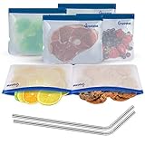 Reusable Storage Bags (EXTRA THICK Set of 6) + Bonus Stainless Steel Straws - Plastic Free Ziplock Food Baggies - Perfect Size for Snack, Sandwich, Kids Lunch - Zipper Lock Top Bag - Freezer, BPA Safe