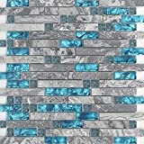 Hominter 11-Sheets Gray Marble Backsplash Wall Tiles, Teal Blue Glass Bathroom Shower Tile, Random Interlocking Patterns Mosaic for Kitchen 9805